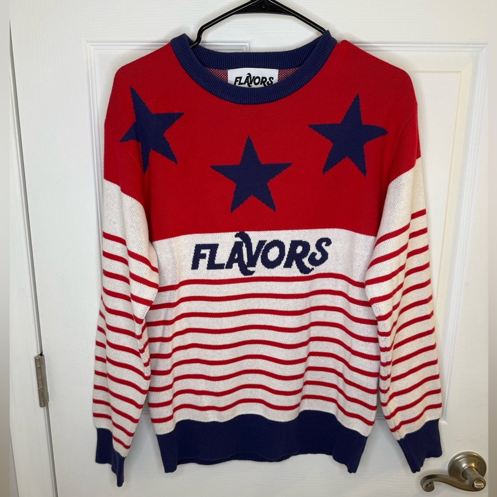 Flavors Brand Size Small Knit Sweater Red White and Blue Long Sleeve Crew Neck